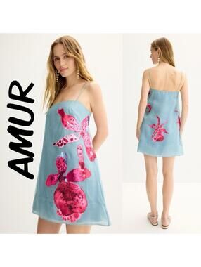 $448 AMUR 100% Silk Fran Blue Mini Dress w/ Floral Details (Flaw) SZ: 2 -final $